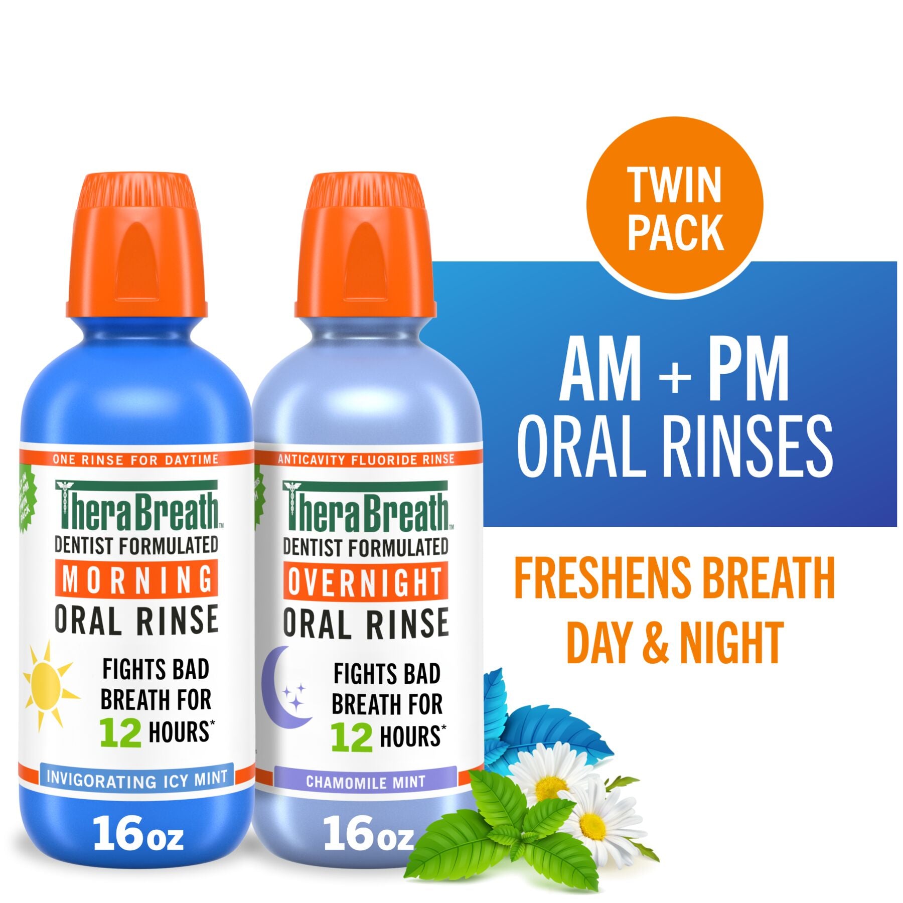 TheraBreath AM + PM Mouthwash Bundle. Morning & Overnight Rinses. 16 fl oz. 2-Pack - Image 2