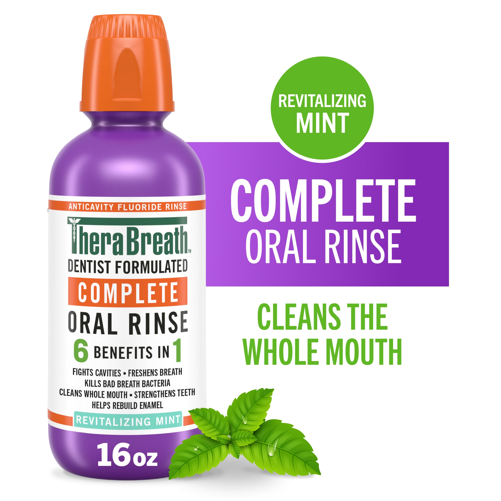 TheraBreath Complete Mouthwash. 6-in-1 Beneﬁts. Alcohol-Free. Revitalizing Mint